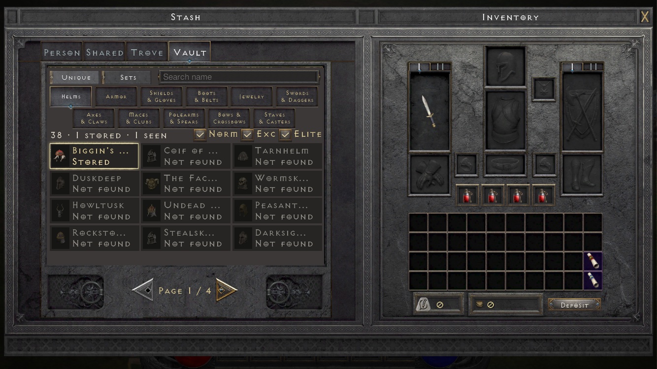 The Chronicle stash interface showing the collection of Unique and Set items