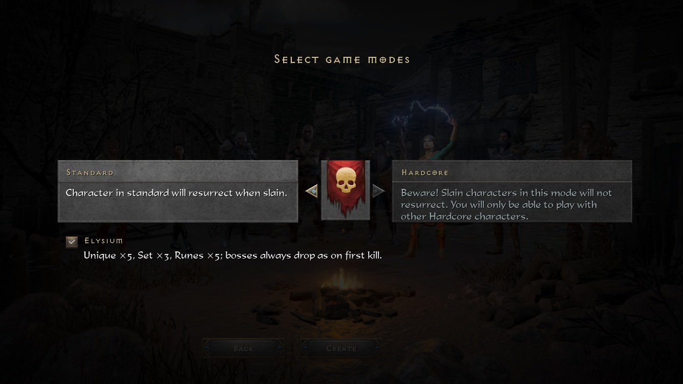 Choosing Elysium mode at character creation