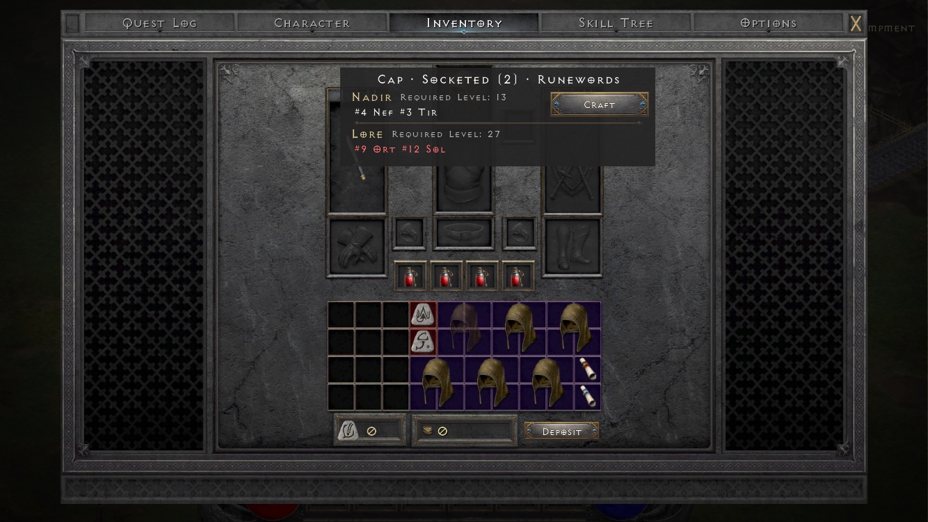 The Runeword helper listing craftable runewords for a socketed base