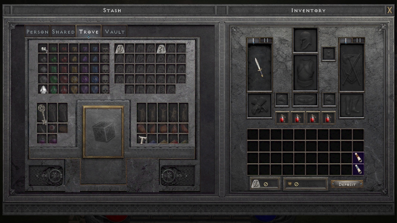The Trove page with gems, runes, materials and the crafting grid in the middle