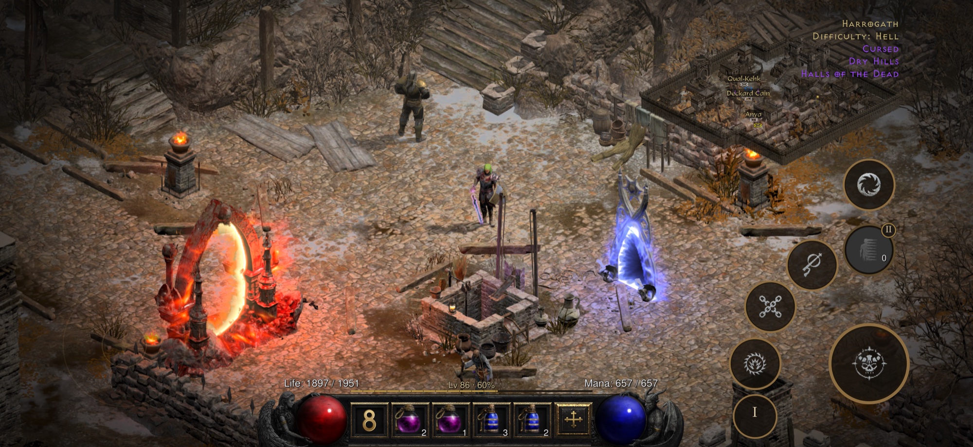 D2R Mobile running on an iPhone — edge-to-edge gameplay in Harrogath on Hell difficulty