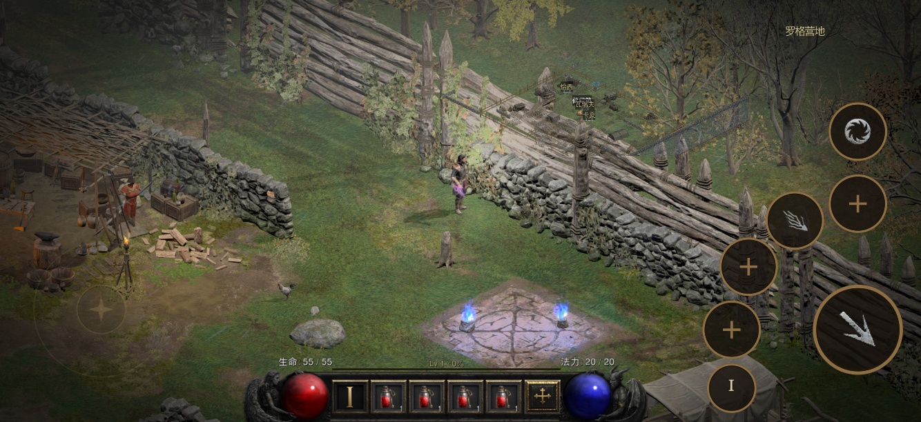 D2R Mobile touch interface: virtual stick and skill buttons in combat